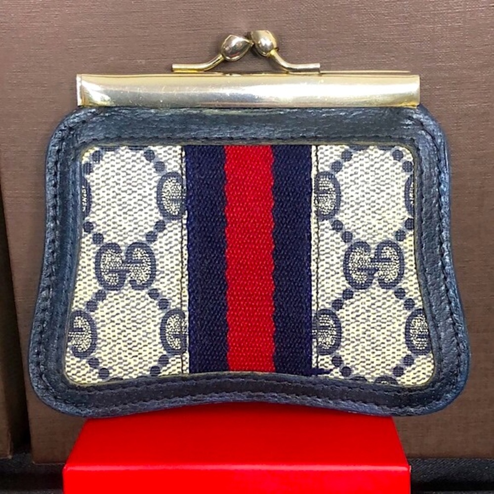 GUCCI GG Supreme Navy Blue Ophidia Sherry Line Canvas Kiss Lock Coin Purse